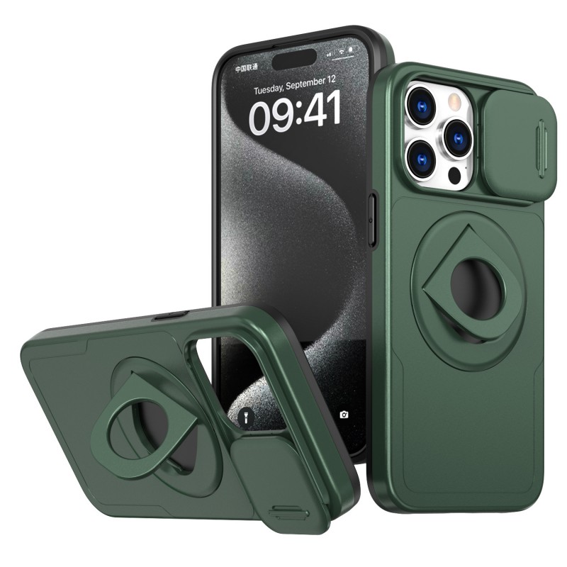 Heavy Duty Magnetic Suction iphone Case with Rotating Stand and Lens Push Window Protection 